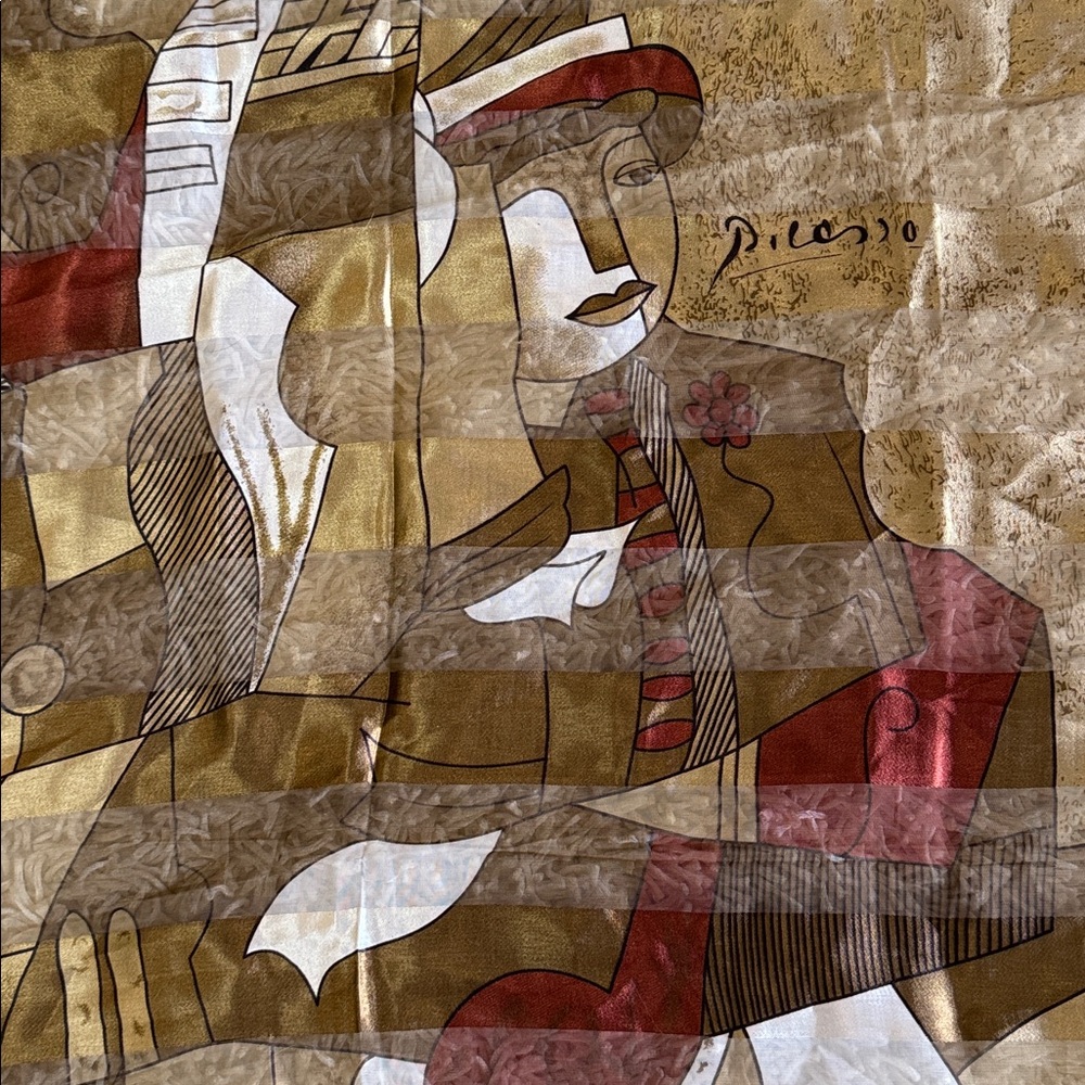 Picasso Artistic Abstract Silk Scarf in Gold, Red Cream & Black